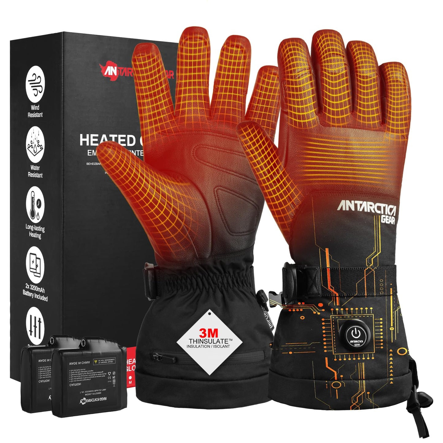 Antarctica Gear Heated Gloves for Men and Women, Winter Ski Gloves with 2 3200mAh Battery Packs, Rechargeable Heating Warm Gloves for Motorcycle for Hiking Camping Hunting