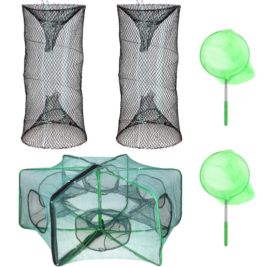 5PCS Fishing Bait Trap Minnow Trap Foldable Fishing Trap Cylindrical Hexagon Crawfish Fishing Net Trap Portable Folded Fishing Accessories