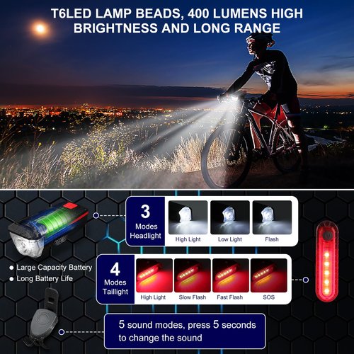 SODPE Bike Light, Sloar & USB Rechargeable Bicycle Light Set with Horn, Super Bright LED Bike Lights for Night Riding Front and Back, Waterproof Safety Headlight and Rear Taillight Set