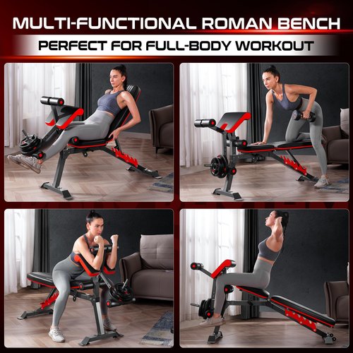 BODYRHYTHM Multifunctional Adjustable Weighted Bench with Leg Extension and Preacher Pad, Ab/Back Hyper Roman Chair, Adjustable Ab Sit up Bench, Flat Incline Decline Bench, Hyperextension Bench, Back