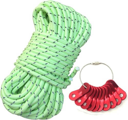 LILUO Glow in The Dark Luminous Reflective Guyline - 5mm 65.6ft/20m Highly Reflective Tent Rope with 10 Aluminum Adjusters/Tensioners