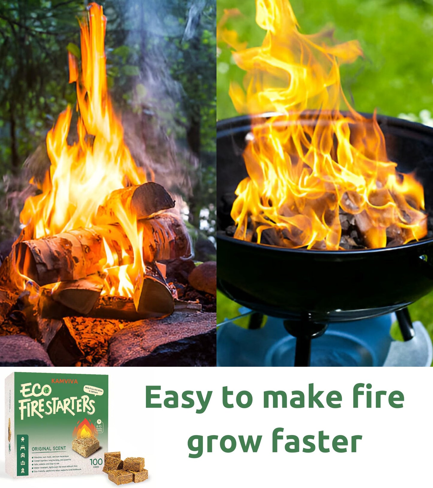 KAMVIVA Fire Starters for Fireplace, Made from Rice Straw and Food Grade Wax, Burn Up to 10 Minutes, 100 Squares Natural Firestarter for Campfire, Charcoal, Chimney, Fatwood, Wood Stove, Tumbleweed