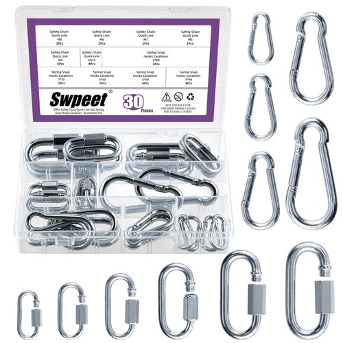 Swpeet 30Pcs M3.5 M4 M5 M6 M7 M8 Galvanized Safety Chain Quick Link and Galvanized Spring Snap Hook Assortment Kit, Heavy Duty Chain Connector Chain Coupler D Shape Locking