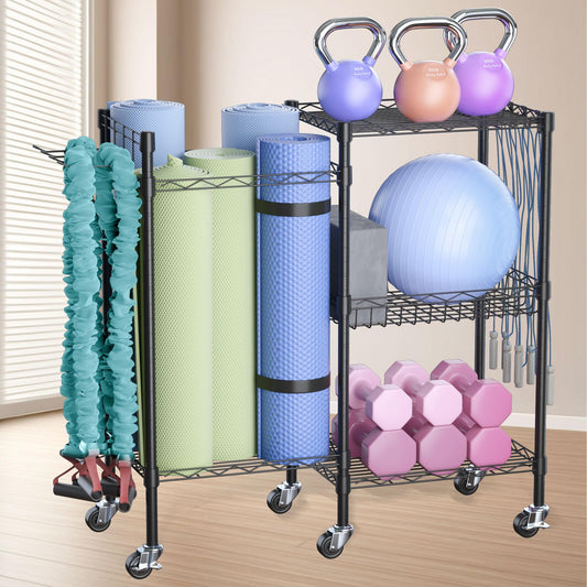 lesolar Rolling Yoga Mat Storage Rack, Yoga Storage Organizer for Home Gym Storage, 3 Tiers Gym Equipment Rack for Straps Dumbbells Kettlebells Foam Rollers Light Hand Weights Resistance Bands