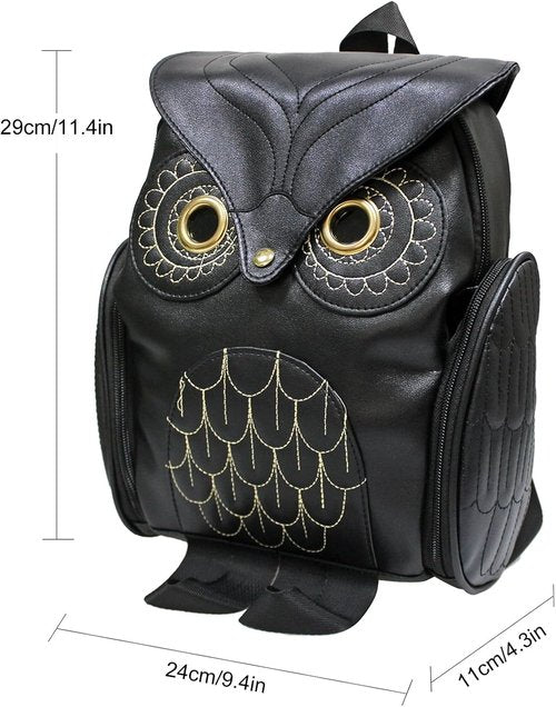 GinTai Women Pu Leather Owl Cartoon Backpacks Fashion Casual Satchel mini Small black Backpack, Black