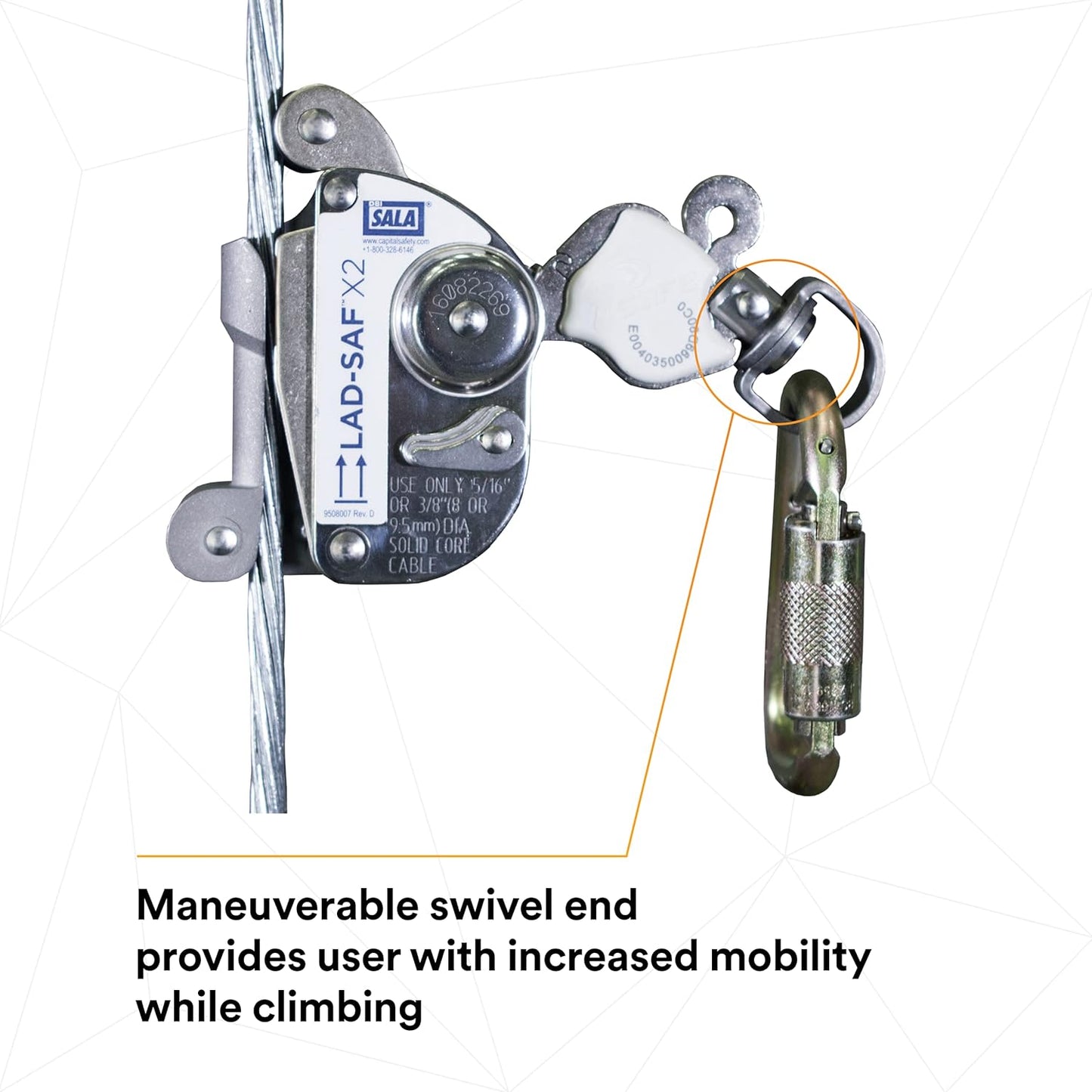 3M DBI-SALA 6160030 Lad-Saf Sleeve with Carabiner, Cam and Inertial Locking Fits 3/8"" and 5/16"" Diameter, Silver