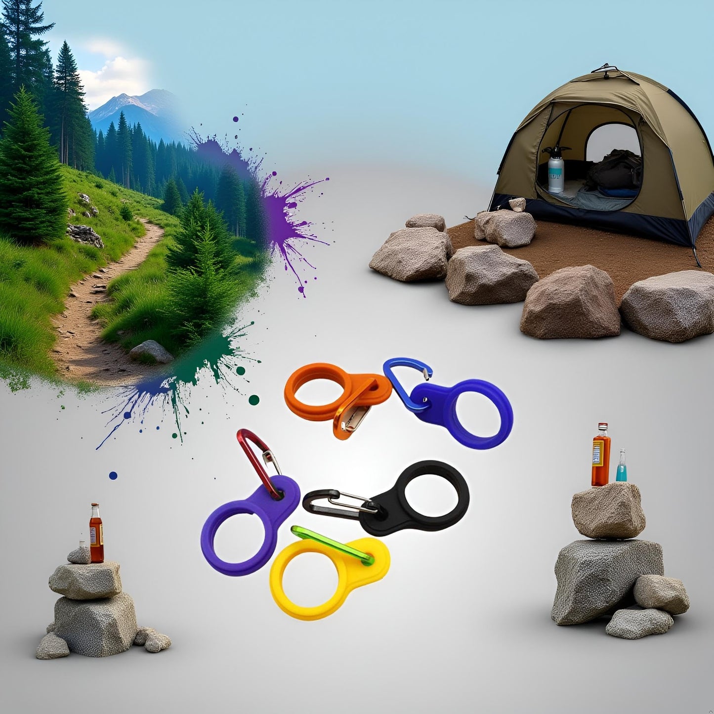 6 Pcs Silicone Water Bottle Buckle with Carabiner Clip Portable Secure Bottle Holder Water Bottle Hanging Rings Silicone Water Bottle Buckle Portable Hiking Camping Water Bottle Accessories