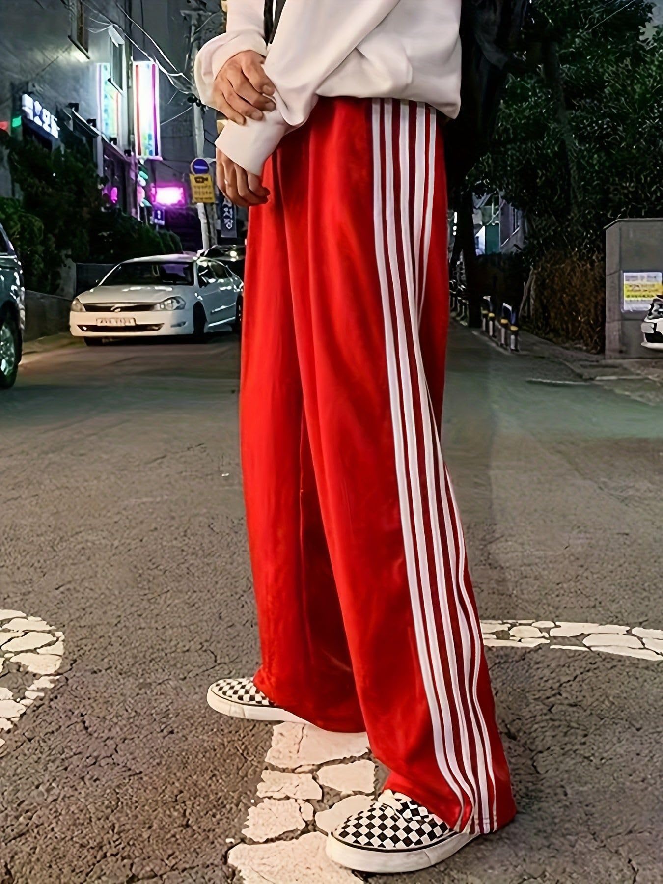 KMBANGI Women Striped Track Pants Elastic Waist Straight Leg Sweatpants Joggers Wide Leg Side Stripes Pants with Pockets(Casual Red,S)