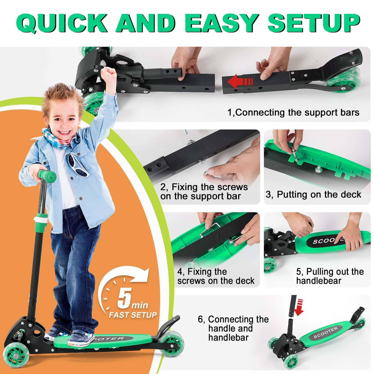 Kids Kick Scooter - LED Light Up 3 Wheel Kick Scooter for Kids 3-5, Adjustable Handlebar Height, Long Anti-Slip Deck,Heavy Duty Metal Scooters for Boys Girls Ages 3-5 5-7, up to 150 Lbs