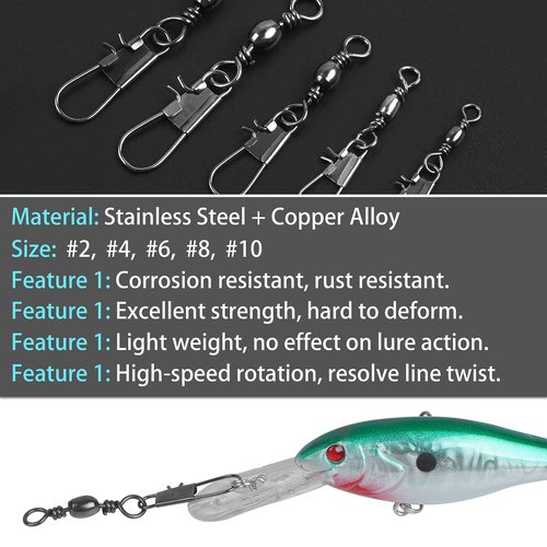 VATEICO Fishing Barrel Swivel with Safety Snaps,50pcs/Pack High Strength Saltwater Fishing Swivel Interlock Snaps Stainless Steel Freshwater Leader Lure Connector Accessories 10#