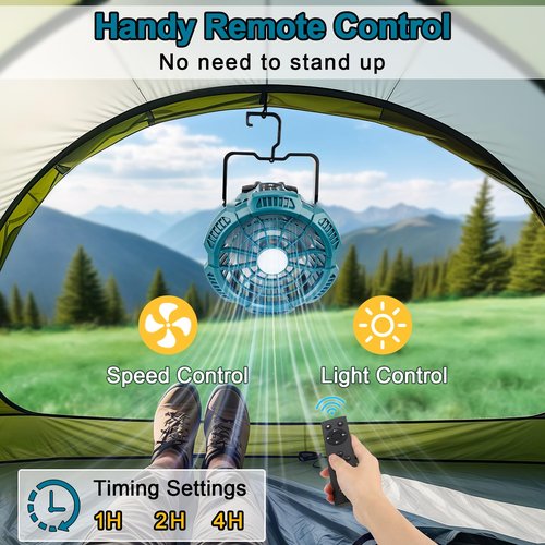 GRVODFRTA Portable Camping Fan with LED Lantern for Makita 18V Battery Operated Tent Ceiling Fan with Remote Control, Small Outdoor Fan with Hook for Canopy(No Battery)