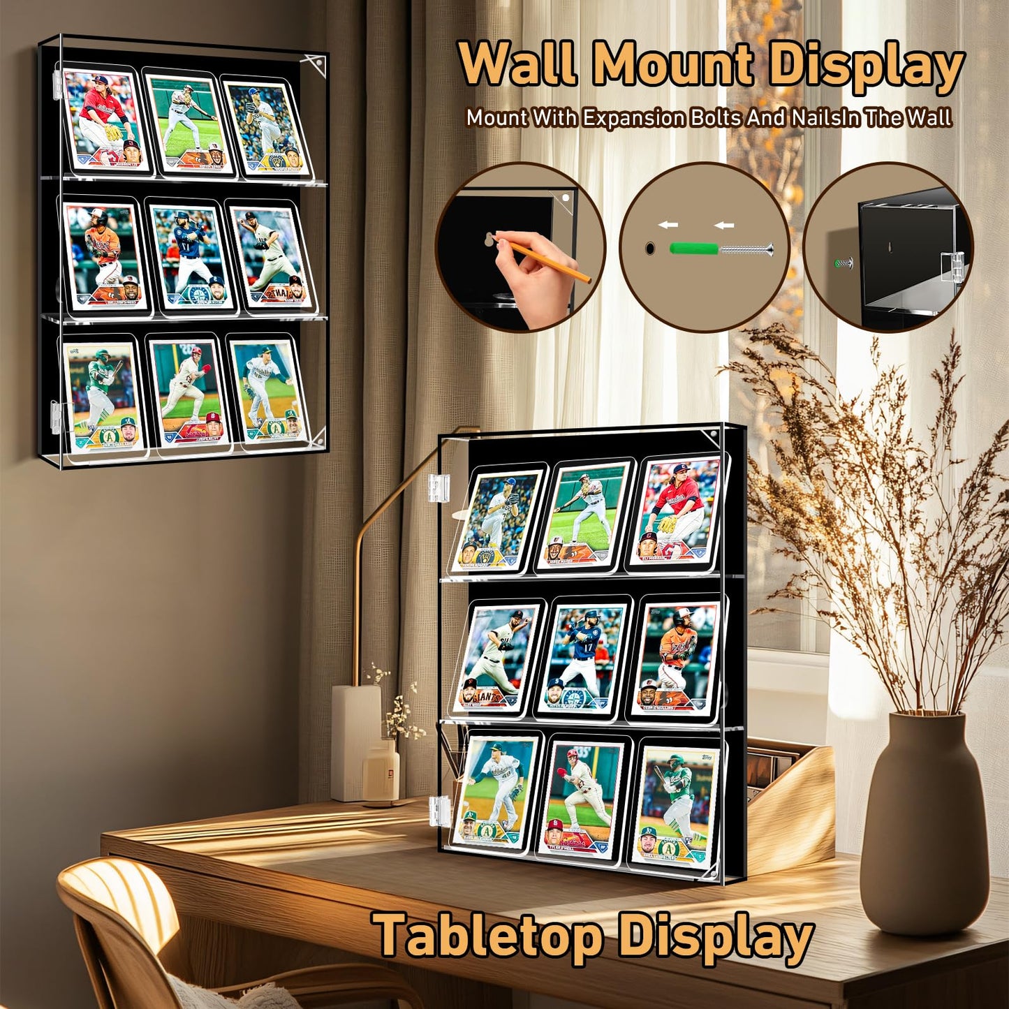 Acrylic Card Display Case ,5 Adjustable Shelves Wall Mount or Tabletop Clear Organizer for Sports Cards, Baseball Championship Rings, Trading Cards, Collectibles, Memorabilia Showcase