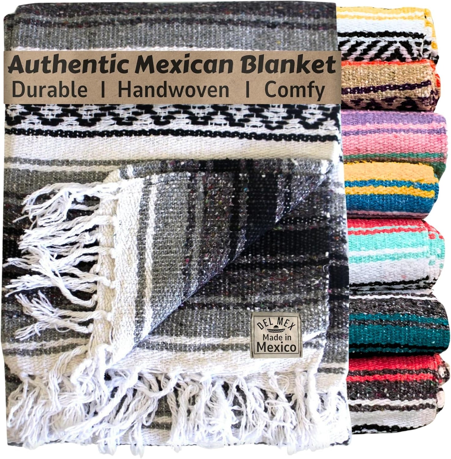 Authentic Del Mex Large Mexican Blanket - Woven Falsa Throw (70"x50") for Beach, Yoga & Outdoor Decor - Pink/Tan