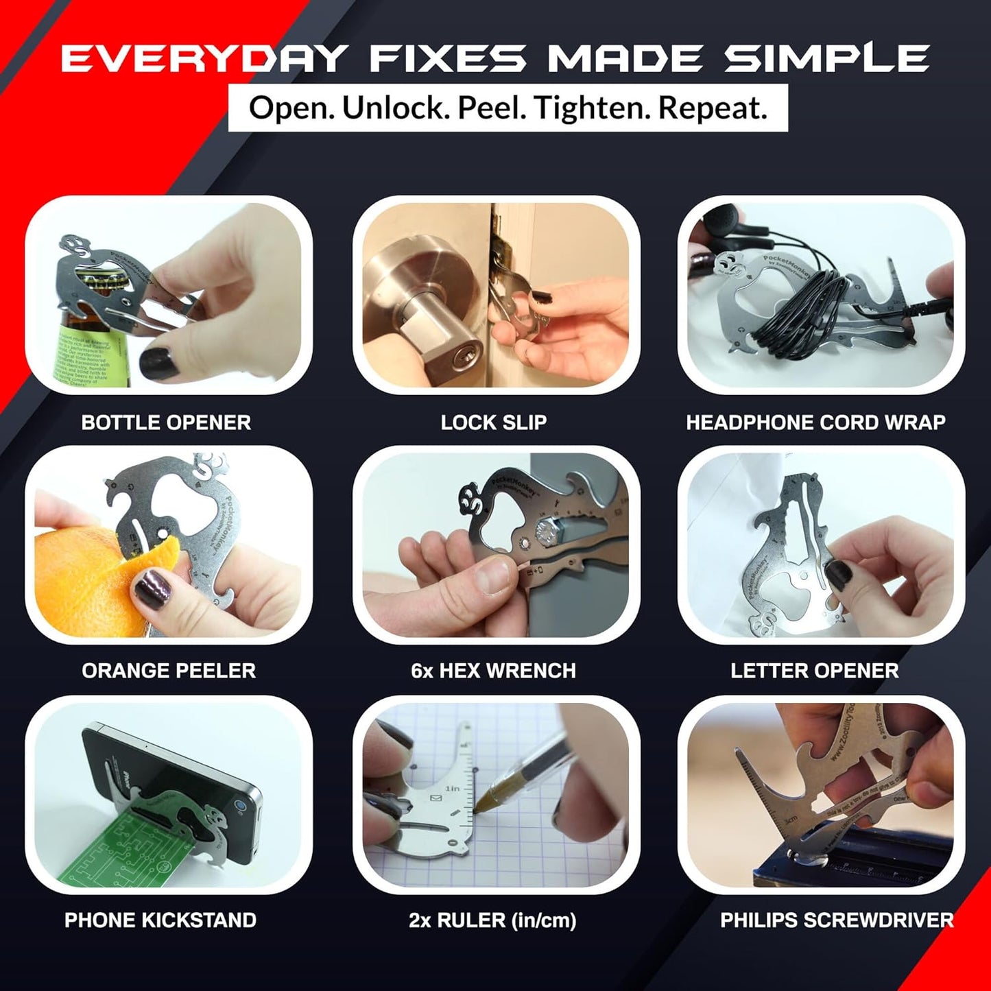 Wallet Multi-Tool, PocketMonkey 12-in-1 Credit Card Tool, Bottle Opener, Stainless Steel, MADE IN USA
