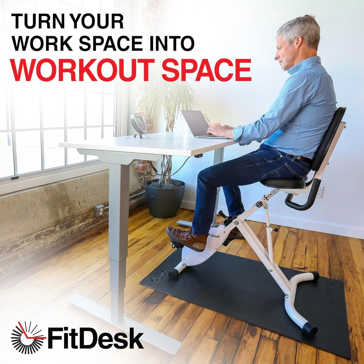 FitDesk Height Adjustable Exercise Desk Bike with Digital Performance Monitor, 8 Resistance Levels, Foldable Frame, Supportive Seat with Backrest, Supports Up to 242 lbs for Home & Office, White
