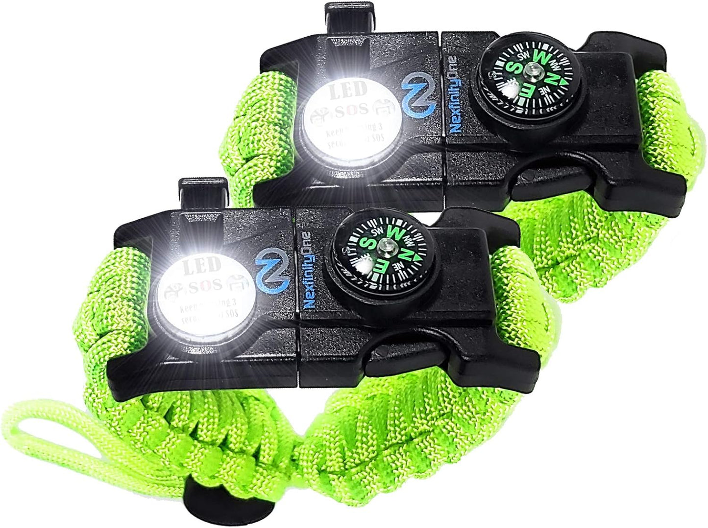 Survival Paracord Bracelet - Tactical Emergency Gear Kit with SOS LED Light, 550 Grade, Adjustable, Multitools, Fire Starter, Compass, and Whistle - Set of 2