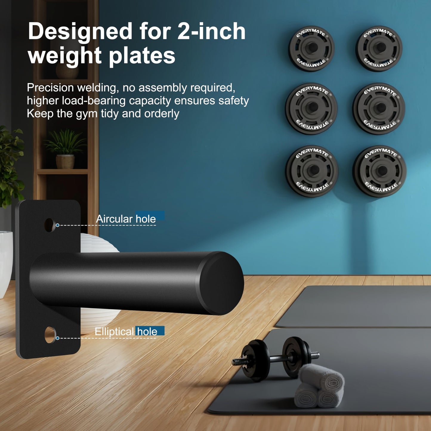 EVERYMATE Weight Plate Holder: Wall Mounted Weight Rack Storage for Olympic Weight Plate,Home Gym Organizer（Upgrade Length and Thick Steel）