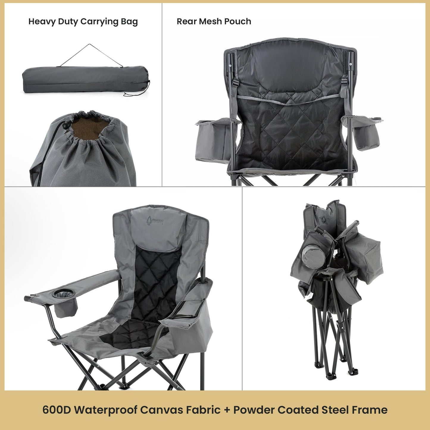 ARROWHEAD OUTDOOR Portable Deluxe Folding Camp Quad Chair w/Headrest, Glass & Cup Holders, Armest 6-can Cooler, Heavy Duty Carry Bag, 550 lbs Weight Capacity