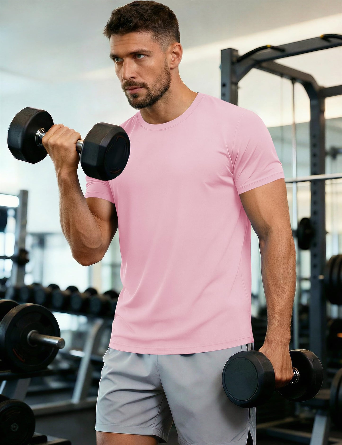 Mens Quick Dry T-Shirt - Short Sleeve Running Shirt - Sun Protection - Active - Light Pink - 2XL