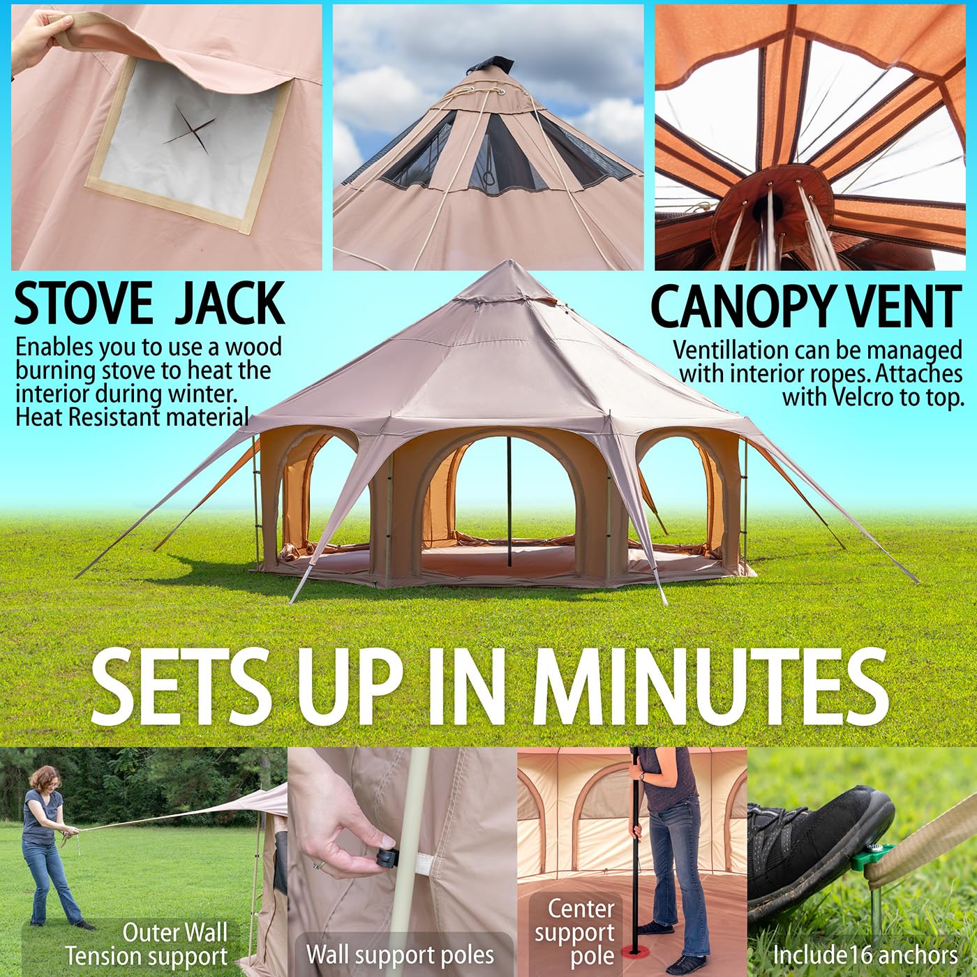 Glamping Canvas Tent - 16x9ft Tent with Stove Jack, Canopy Vents