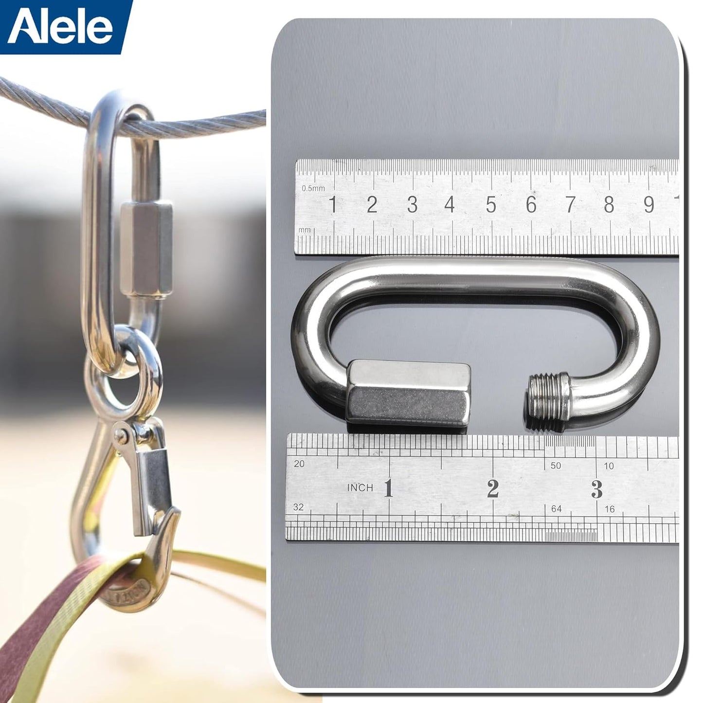 Alele D-Shape Locking Carabiner M4 Stainless Steel Quick Link Chain Connector Keychain Ring Buckle 10 Pack