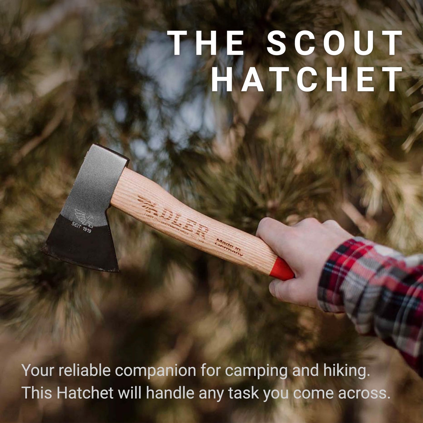 Adler The Scout Hatchet - Compact German Made Camping & Backpacking Hatchet, 11.8" Ash Handle with Anti-Slip Grip, 0.88 lb Lightweight Design, Premium Leather Sheath (Red Stripe)