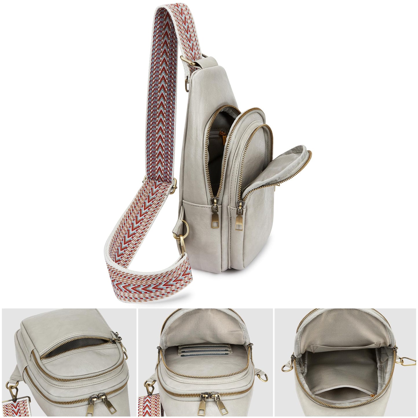 Cynure Women's Vegan Leather Sling Bag Packs Small Zipper Crossbody Chest Backpacks, Light-Grey