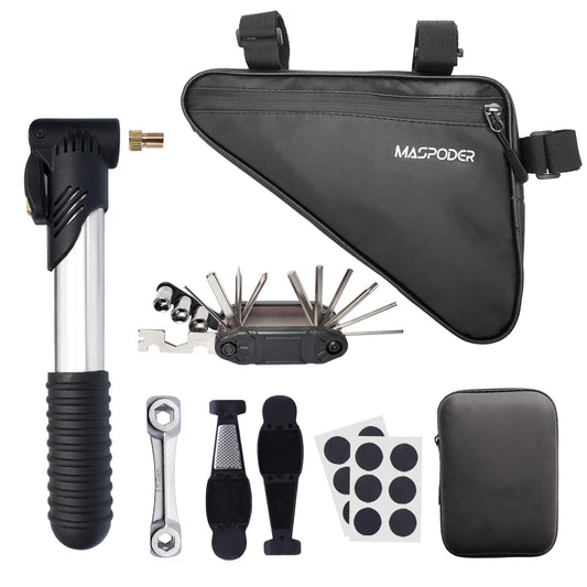 MASPODER Bike Tool Kit, Repair Kit with Frame Bag, Mini Pump, Multitool, Tire Lever Patches Bicycle Accessories Set for Adult Bikes Road Mountain MTB