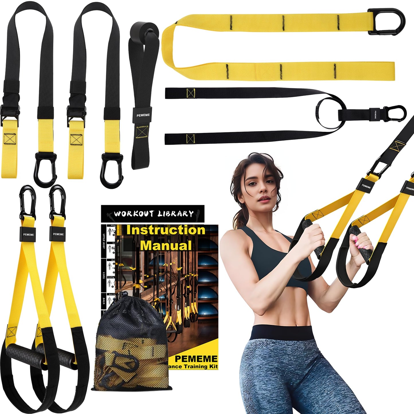 Home Resistance Training Kit | Full-Body Workout with Suspension Trainer Straps, Door Anchor, Handles, and Carrying Bag | Complete Home Gym Equipment (Yellow)