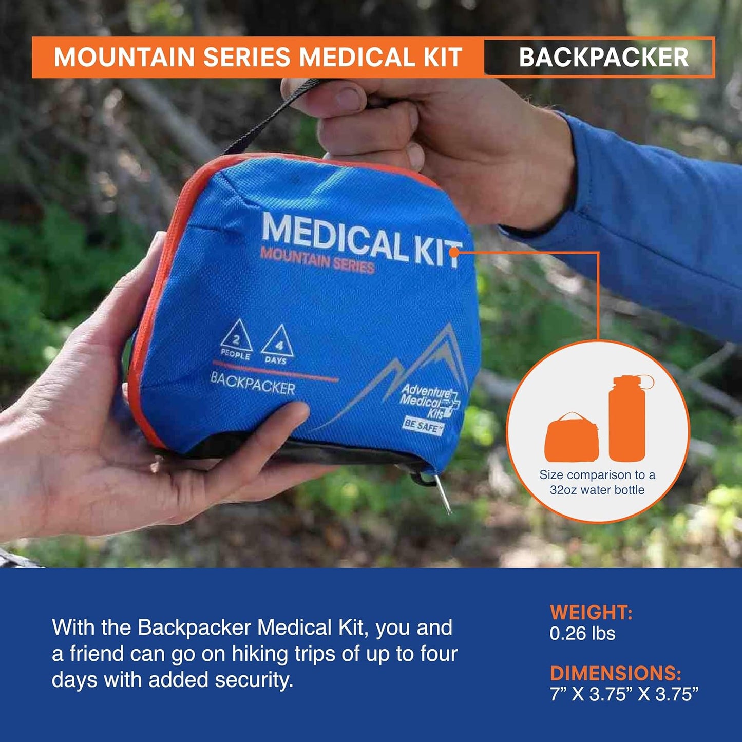 Adventure Medical Kits Mountain Series Medical Kit - Backpacker - Emergency Medical First Aid Kit - For 2 People for 4 Days - Comes with a Trauma Pad, Medicine, Guide Book & More