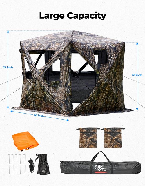 KEMIMOTO Hunting Blinds Ground for Turkey 3-4 Person, 270 Degree See Through with Removable Waterproof Rain Cover and Camouflage Straps, Pop Up Hunting Tent with Safety Reminder Markings (9ft Size)