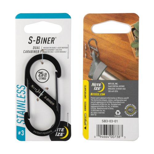 Nite Ize S-Biner Stainless Steel Dual Carabiner - Multi Purpose Dual Carabiner Clip - Great for Camping Supplies & Hiking Essentials - Secure Key Holder - Size 3, Black (6 Pack)