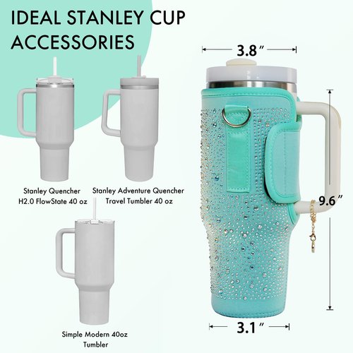 FLWVOG Bling Stanley Cup Bag, Stanley Purse Water Bottle Carrier with Strap Stanley Cup Holder with Phone Pocket for Stanley 40 oz (Green)