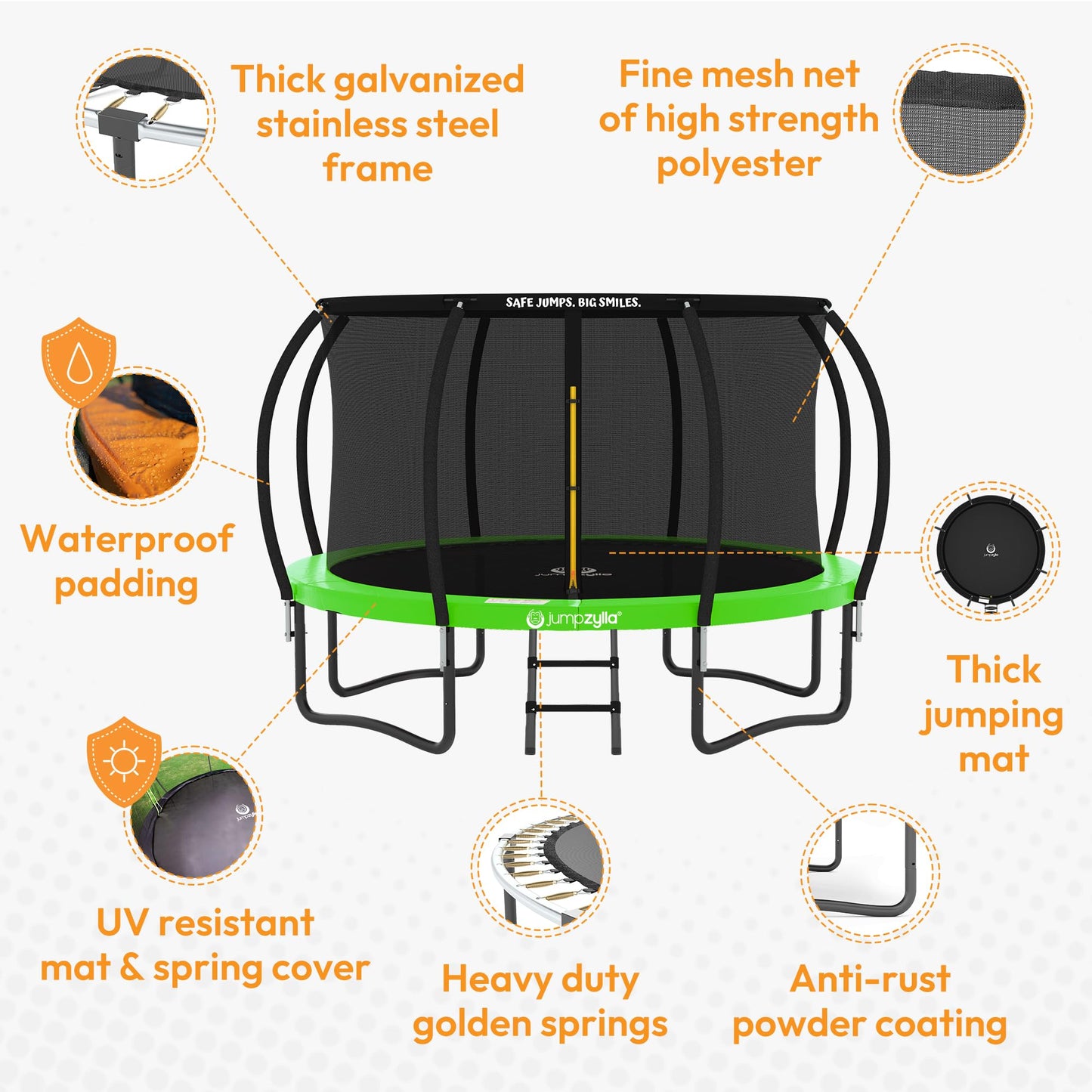 JUMPZYLLA Outdoor Trampoline with Net for Kids 10FT 12FT 14FT 15FT 16FT
