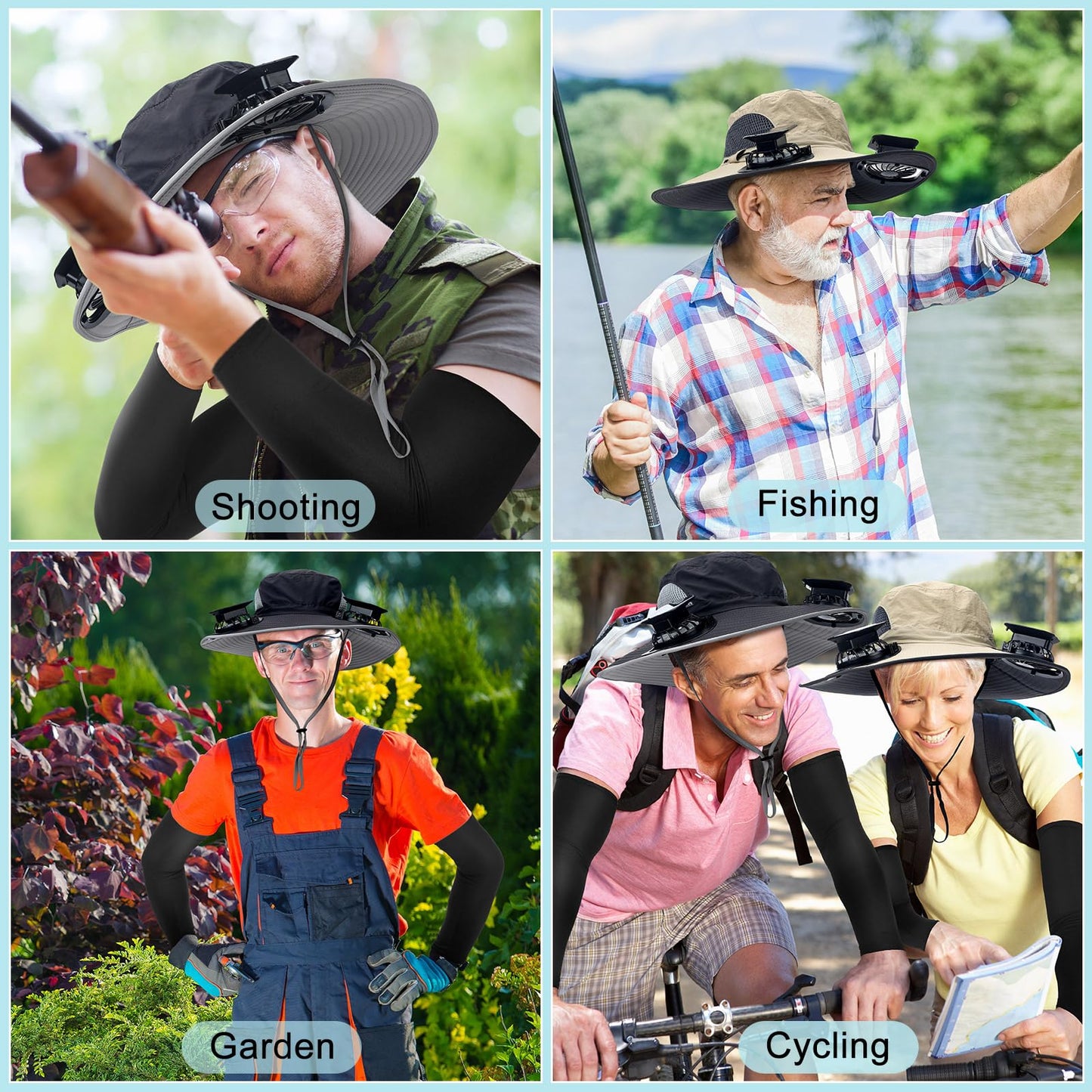 Glitopper 2 Set Wide Brim Solar Fan Hats with 2 Solar Fan and Arm Sleeves Set Outdoor Fishing Bucket Hat for Men Women Hiking(Dark Grey and Khaki,Simplicity)