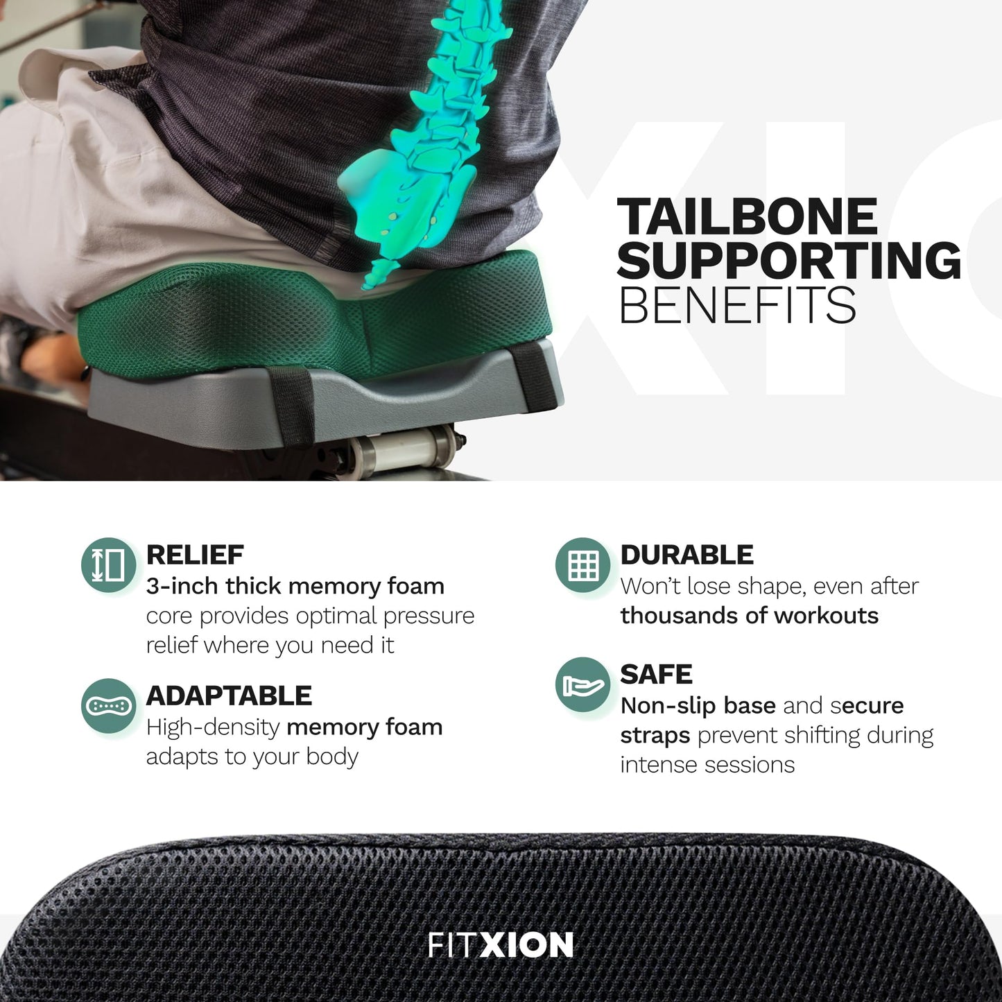 FitXion Rowing Machine Seat Cushion – Ergonomic Tail Bone Comfort Memory Foam Pad for Concept 2, Water Rower, Peloton or Recumbent Bike. Anti-Slip Base, Buckled Straps for Indoor Rowing Workouts