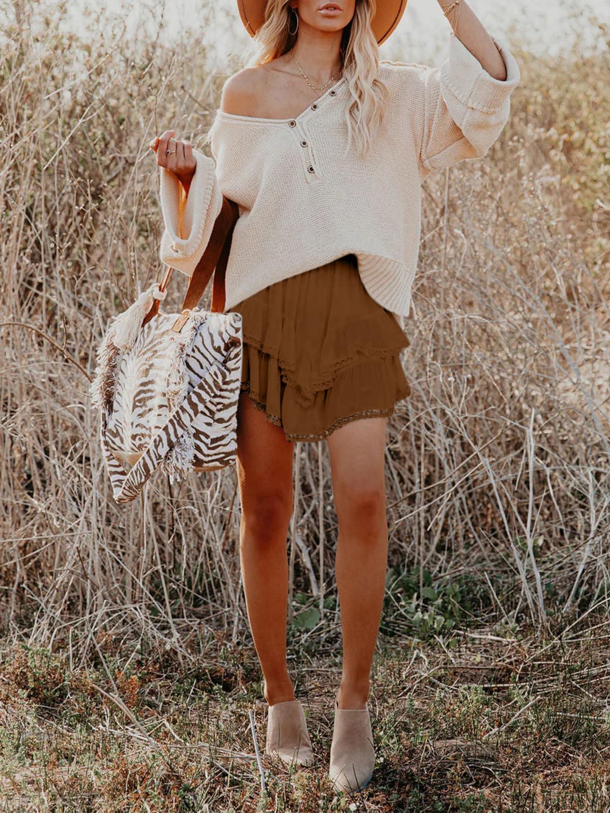 Aoudery Flowy Shorts for Women Casual Boho Ruffle Tiered Skorts High Waist Mini Skirts Golf Tennis Butterfly Crochet Shorts - Brown L