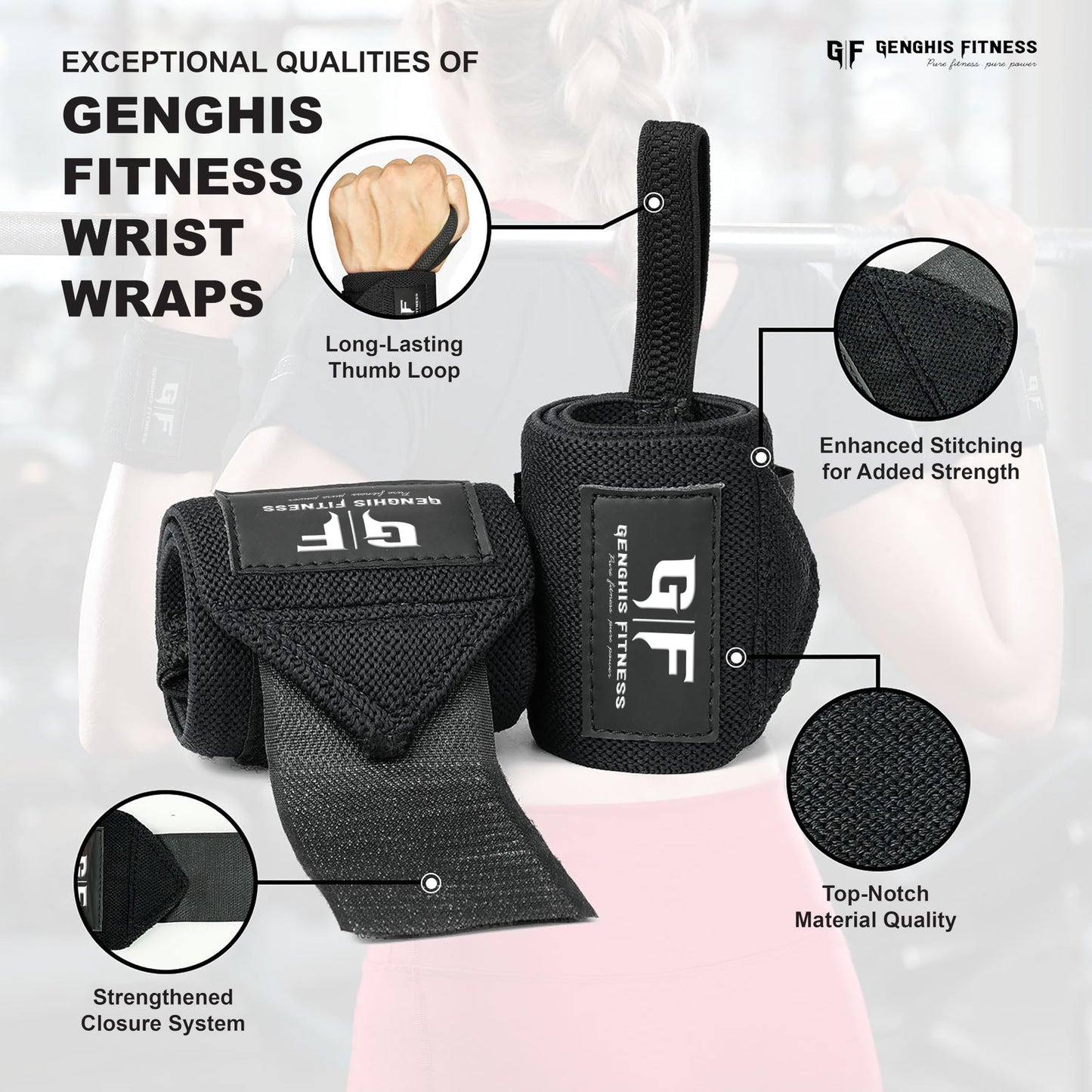 Genghisfitness Weightlifting Wrist Wraps Pair For Powerlifting (12", Grey with White Stripes)