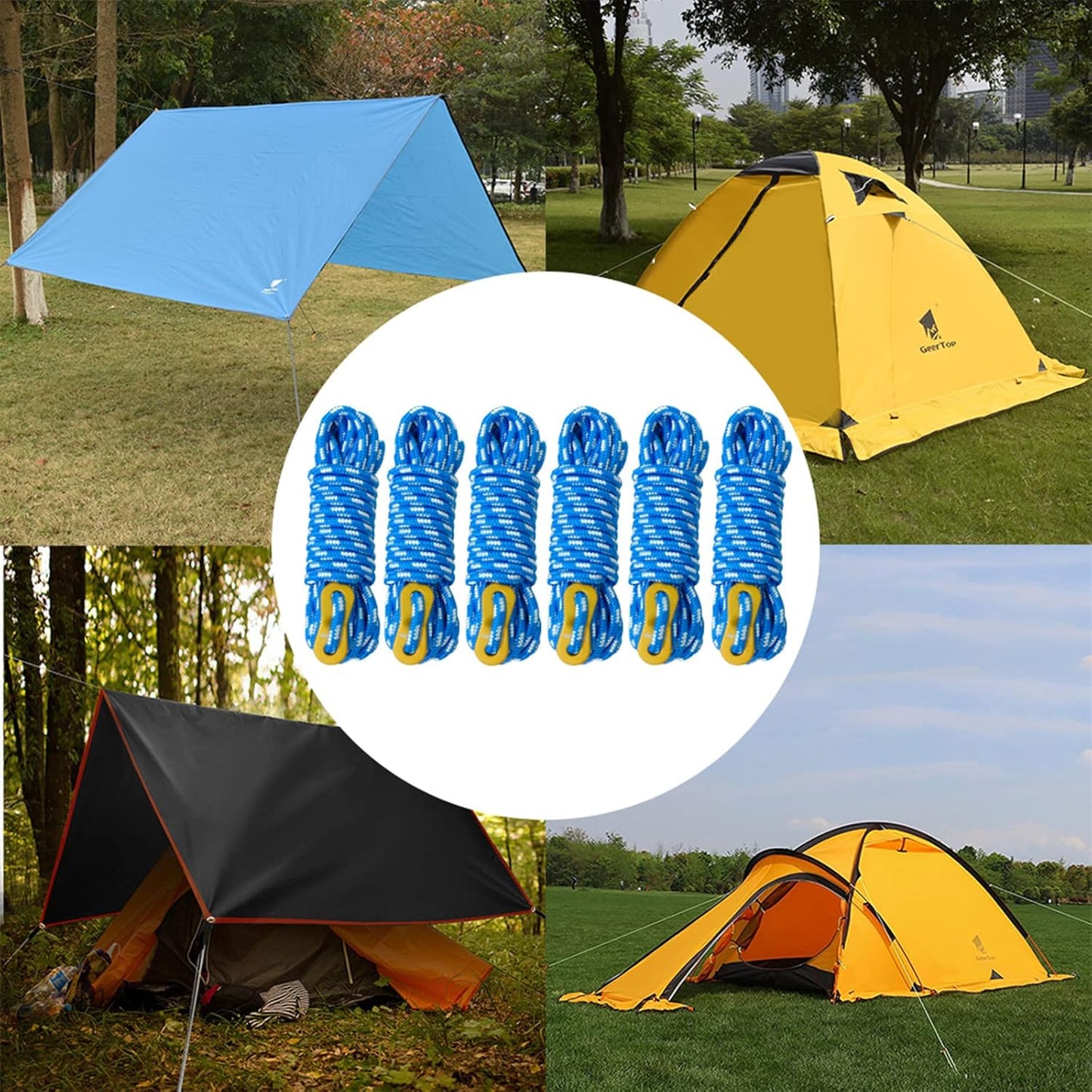 GEERTOP 6 Pack 5 mm Guy Lines Ultralight Tent Cords with Aluminum Adjuster Tensioner Outdoor Camping Guylines Ropes for Tent Tarp, Canopy Shelter, Climbing, Hiking Backpacking Survival Gear