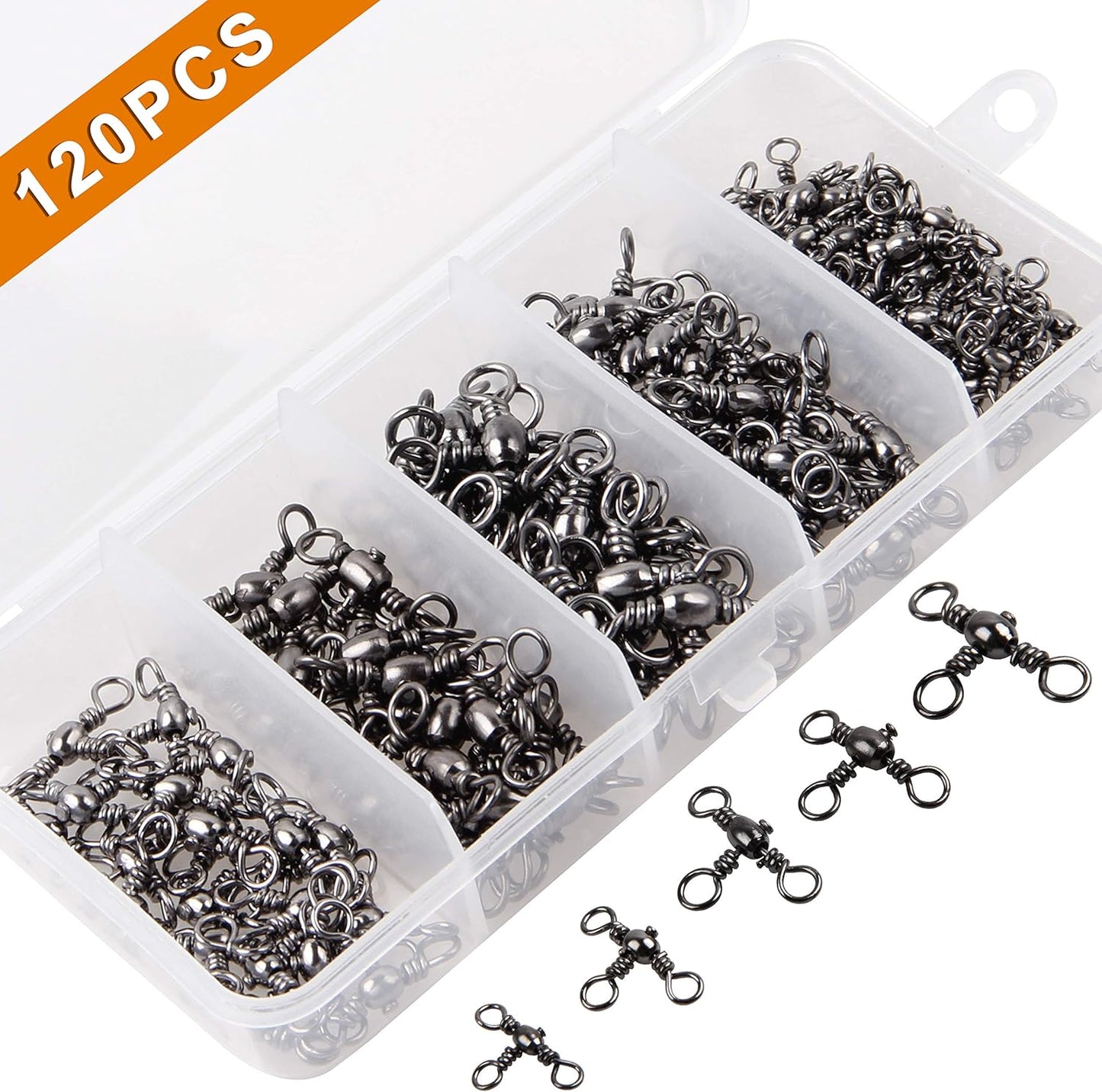 3 Way Swivels Fishing Kit 120pcs Heavy Duty Three Way Fishing Swivels Crossline Barrel Swivels Tackles T-Shape Fishing Line Connector Catfish Rig Triple Swivels for Saltwater Surf Fishing Rig