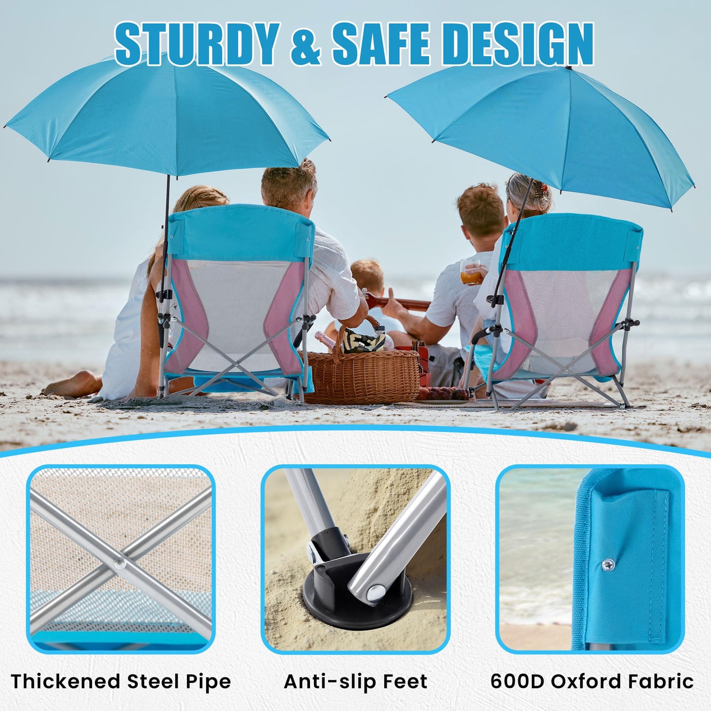 Folding Beach Chair with Umbrella for Adults, 2 Pack Portable Low Beach Chairs with 300lbs Capacity, Lightweight Fodable Camping Chair for Travel, Picnic, Concert & Outdoor Activities, Blue-Pink