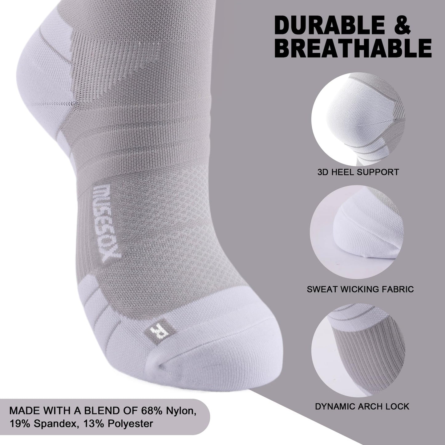 musesox Compression Socks for Women and Men,Knee High 15-20mmHg Graduated Support(3 Pairs) for Nurses,Travel,Black,Large