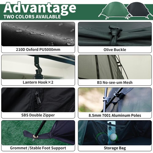 TENPLAY Cot Camping Tent,Backpacking 3 Way Tent,1 Person Solo Tent,Quick Setup,70D Nylon,pu5000mm,UV Cut,7001 Aluminium,Ultralight,Compact,Outerdoor,Hiking,Travel,Mountaineering(Green