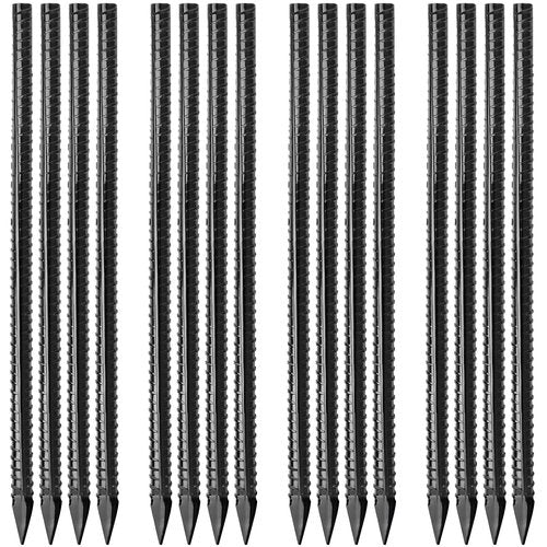 Besitu 16 inches Ground Rebar Stakes (16 pcs) Heavy Duty Metal Spikes for Concrete Timber Garden Plant, Long Straight Steel Stakes for Tent, 3/8" Thickness Ground Anchors with Chisel Point End, Black