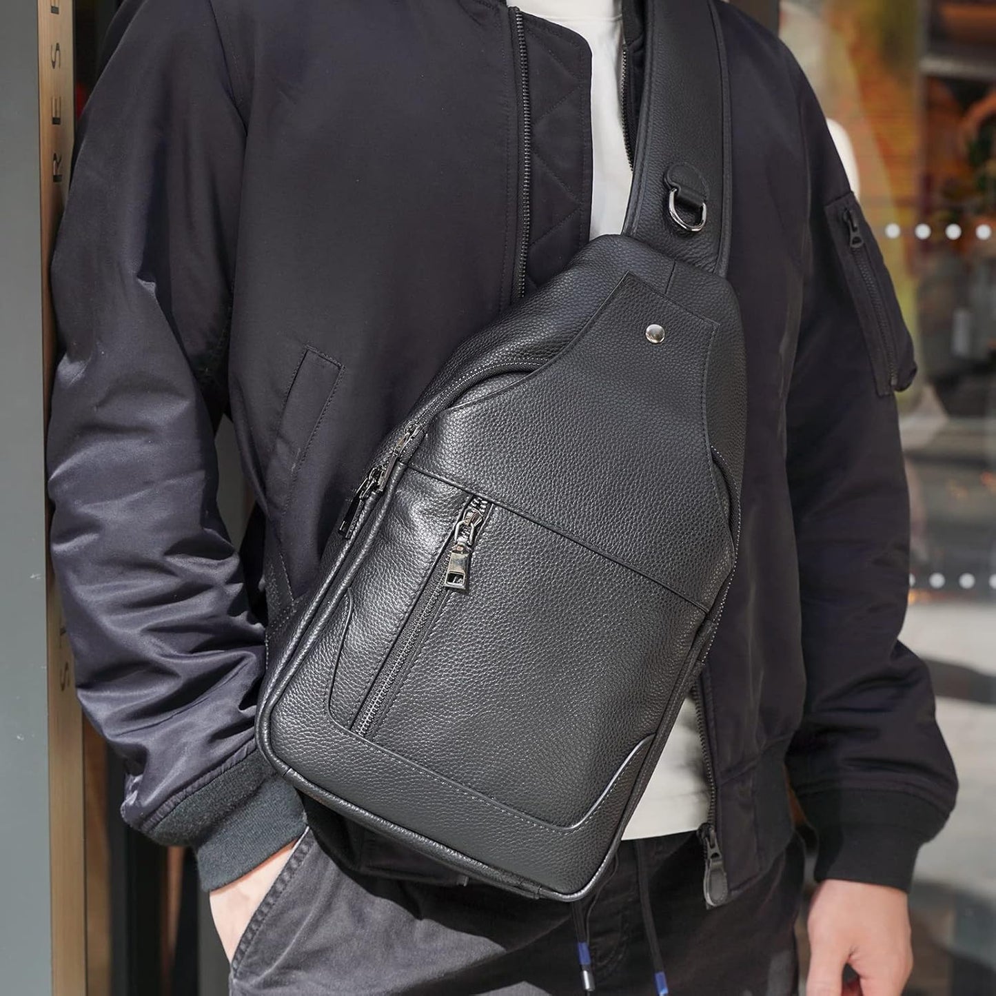 Full Grain Leather Crossbody Sling Bag Chest Backpack Outdoor Travel Hiking Sports Daypacks