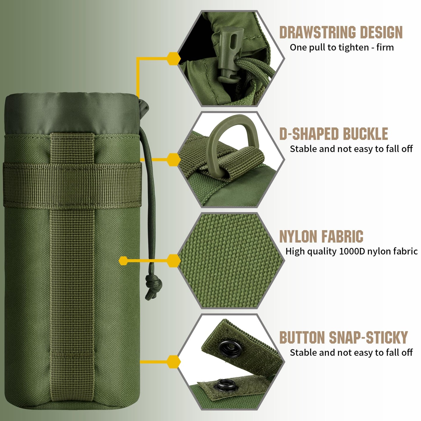 IronSeals 2 Pack Tactical Water Bottle Pouch Foldable Molle Water Bottle Holder Drawstring Open Top Travel Water Bottle Bag for Backpack Camping Outdoor