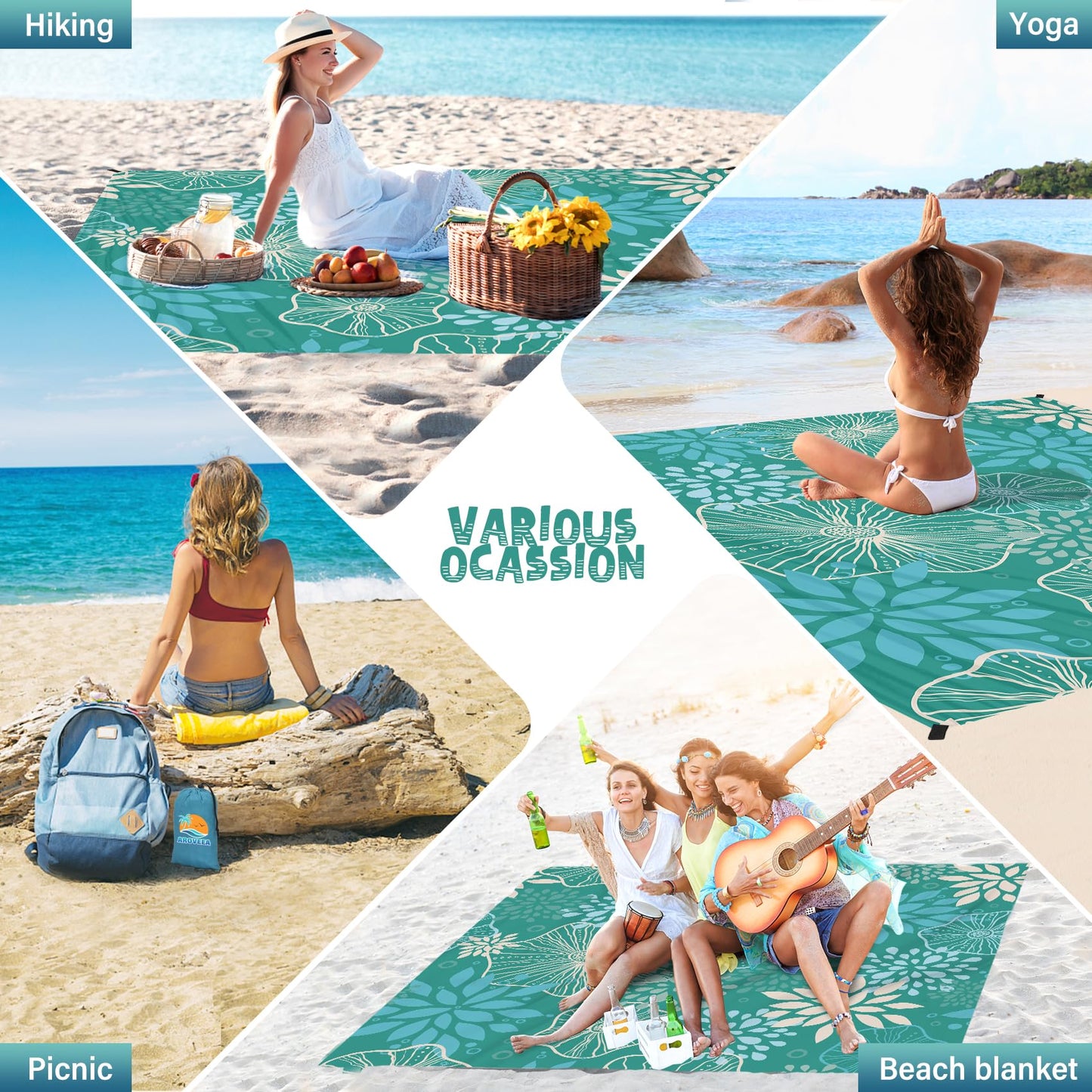 Aroveea Beach Blanket Waterproof Sandproof 1-7 Adult Oversized 78 '' × 81 '' Lightweight Durable Compact Sand Free Beach Mat for Travel Camping Hiking Picnic Blanket Extra Large