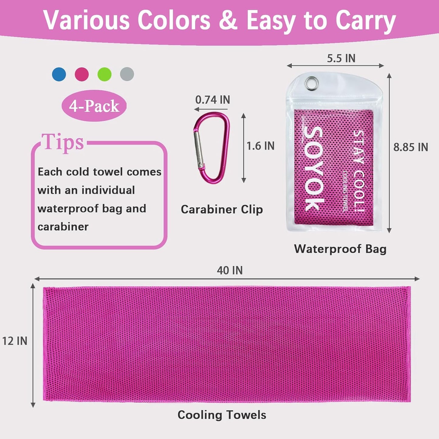 Cooling Towels 4-Pack | 40” x 12” Microfiber Gym Towels | Soft & Breathable