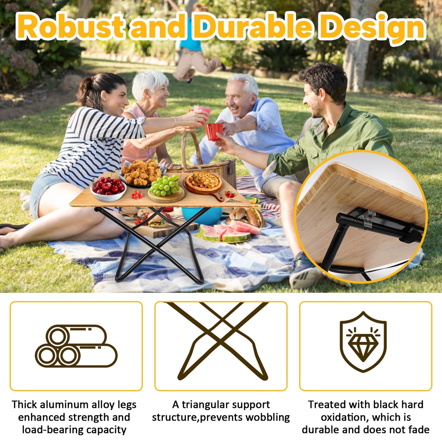 AREFFA Folding Bamboo Camping Table, Portable Outdoor Picnic Table with Aluminum Frame, Foldable Lightweight Camp Kitchen Table for BBQ, Hiking, RV, Beach, Easy Setup, 110lbs Load Capacity