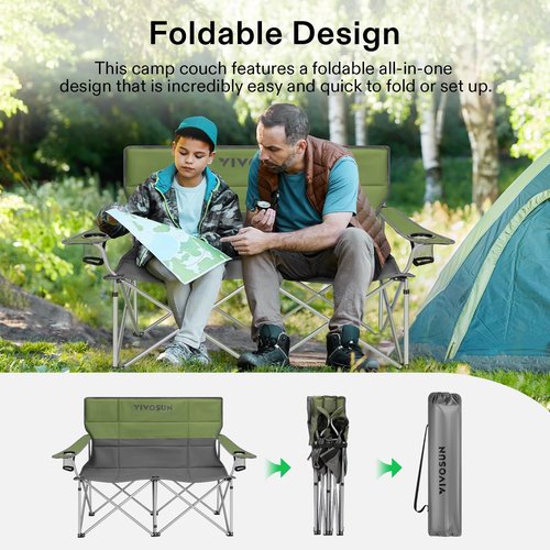 [outlets]VIVOSUN Double Camping Chair, Fully Padded Folding Loveseat, Portable Oversized Duo Chair with Storage Cup Holders, Height-adjustable Armrests & Carry Bag, Supports up to 500lbs, Green & Grey